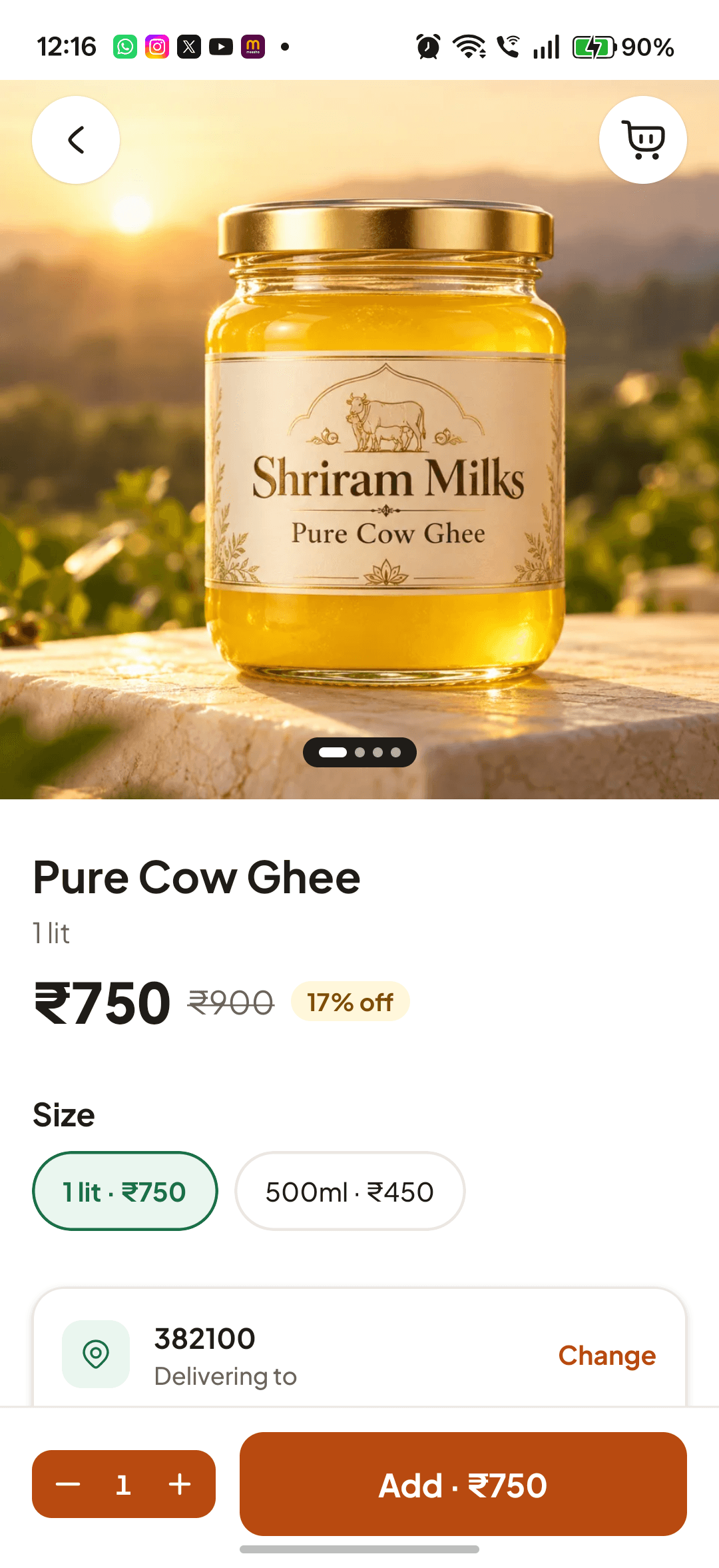 ShreeRam Milks Android app showing Pure Cow Ghee, pack sizes and ordering options